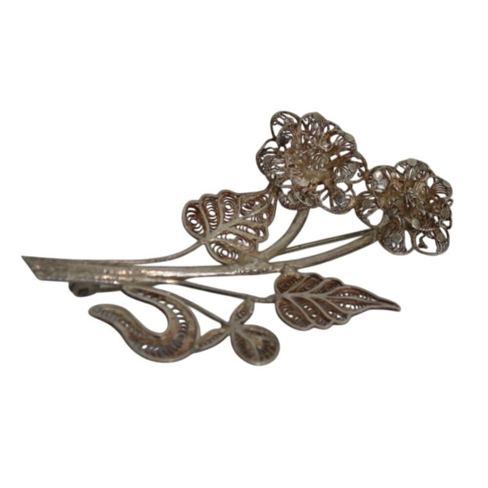 Vintage Silver Openwork Filigree Flower Brooch Pin 3" x 2"